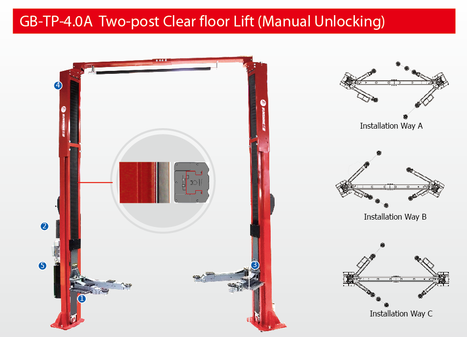 GB-TP-4.0A Two-post Clear Floor Lift (Manual unlocking)