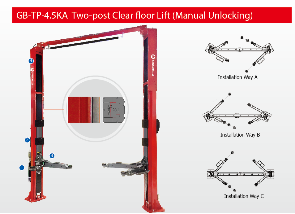 GB-TP-4.5KA Two-post Clear Floor Lift(Manual Unlocking)